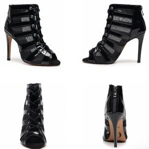 Black Lace-Up Patent Peep-Toe Heeled Booties